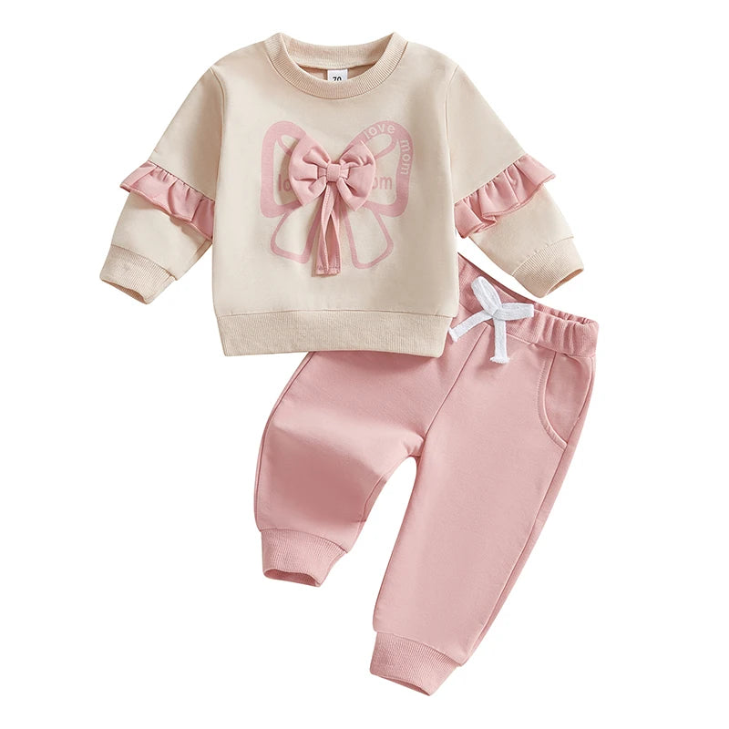Baby Girls 2-Piece Outfit Long Sleeve Crew Neck Bow Sweatshirt with Elastic Waist Sweatpants Cotton Polyester Blend for Fall 0-3T