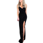 Black Dresses Women Glitter Sequined Sleeveless Suspender Long Dress Women's V-Neck Bodycon Backless Floor Length Split Dress