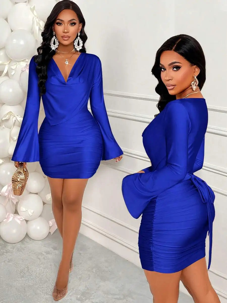 Sparkly Brown V-Neck Ruched Mini Dress with Flare Sleeves and Tie Waist