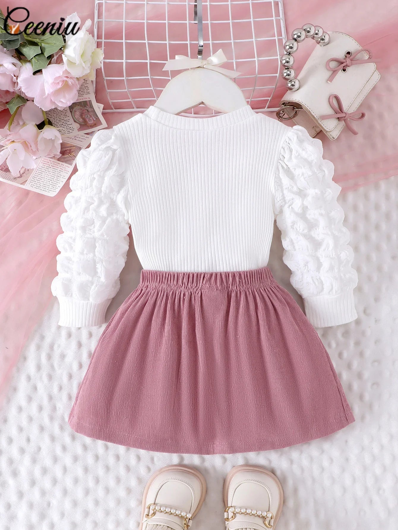 Baby Girl Outfit 0-3Y Pink Heart & Rose 3pcs Set High Neck Top Bow Skirt Hat Toddler Clothing Ensemble for Girls