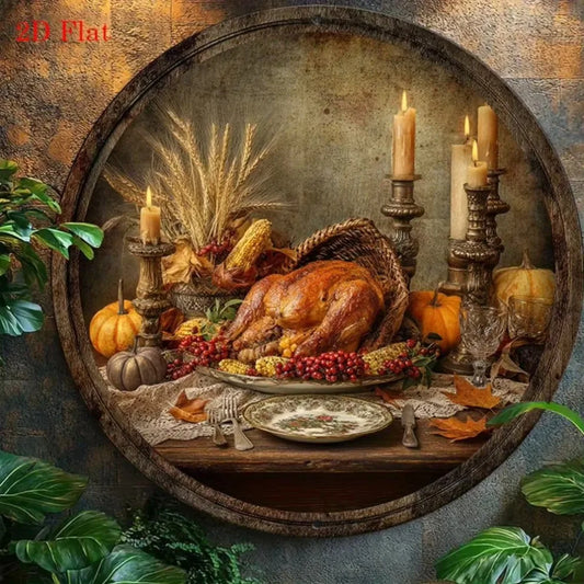 2d Vintage Thanksgiving Harvest Wall Sign - Round Aluminum Plaque with Pumpkin, Corn & Turkey Design,Thanksgiving Decorations,