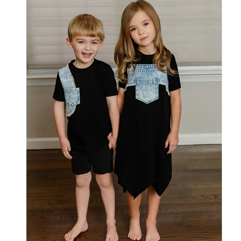 AP washed jeans patch collection children boys girls spring summer denim casual family matching clothing jumper tee skirt