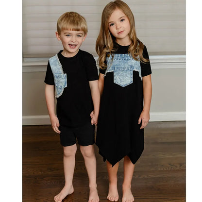 AP washed jeans patch collection children boys girls spring summer denim casual family matching clothing jumper tee skirt