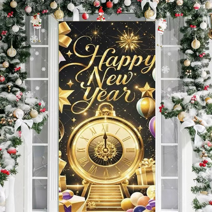 Black Gold 2026 Happy New Year Theme Party Door Decor Backdrop New Year Clock Gift Champagne Party Cake Table Porch Decor Banner
