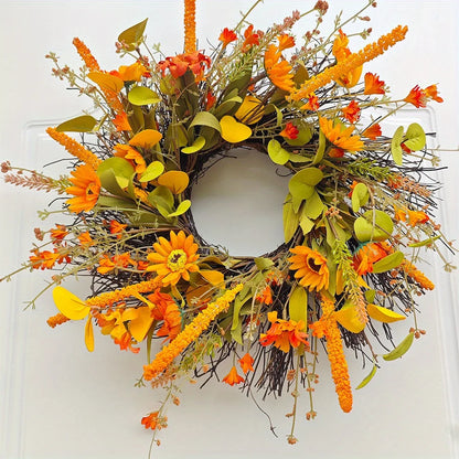 17.7" Fall Wreath for Front Door Orange Farmhouse Harvest Sunflower Wreath with Daisy Flowers Thanksgiving Wreath for Front Door