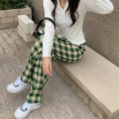 2025 Fashion Warm Plush Pants Cashmere Thick Plaid Ladies Winter Casual Loose Wide-legged Pants Korean Streetwear Students