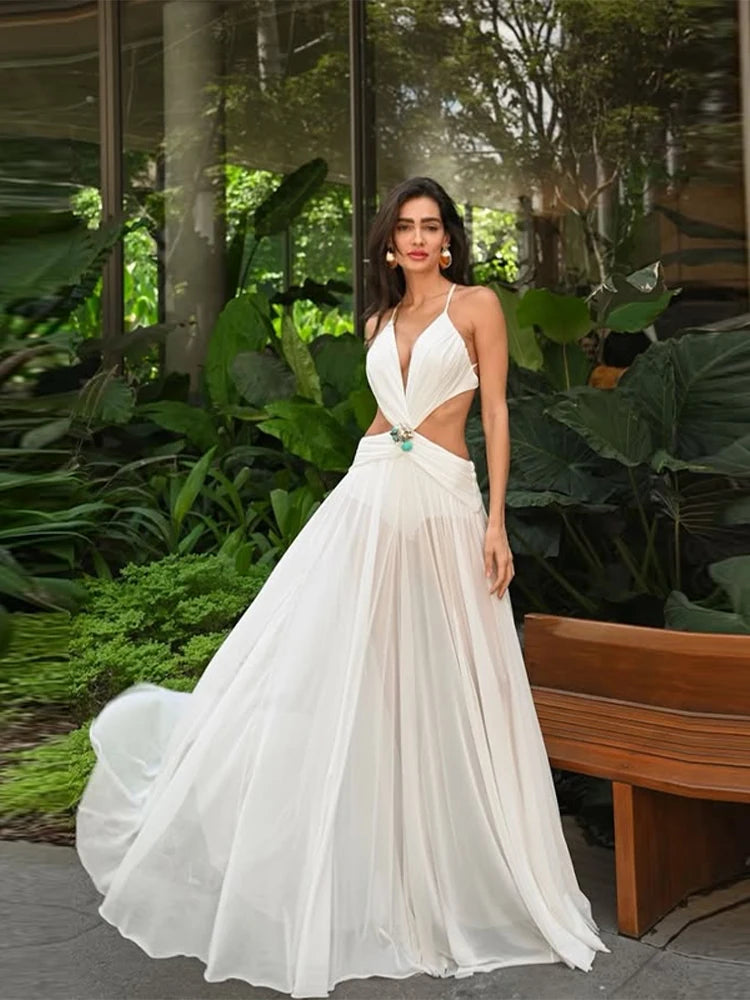 Sexy Hollow Out Bikini Long Dress Mesh Backless Lace Up Sleeveless Female Dresses 2025 Summer Lady A-line Pleat Robe Beach
