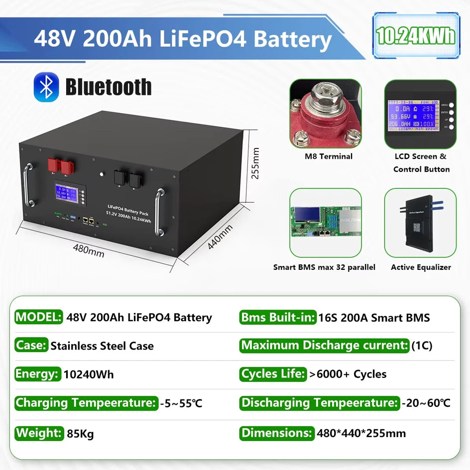 LiFePO4 48V 300Ah 15Kwh Battery Pack 6000 Cycles 51.2V BMS 100Ah 120Ah 150Ah 200Ah Solar Energy Storage Lithium Battery EU STOCK