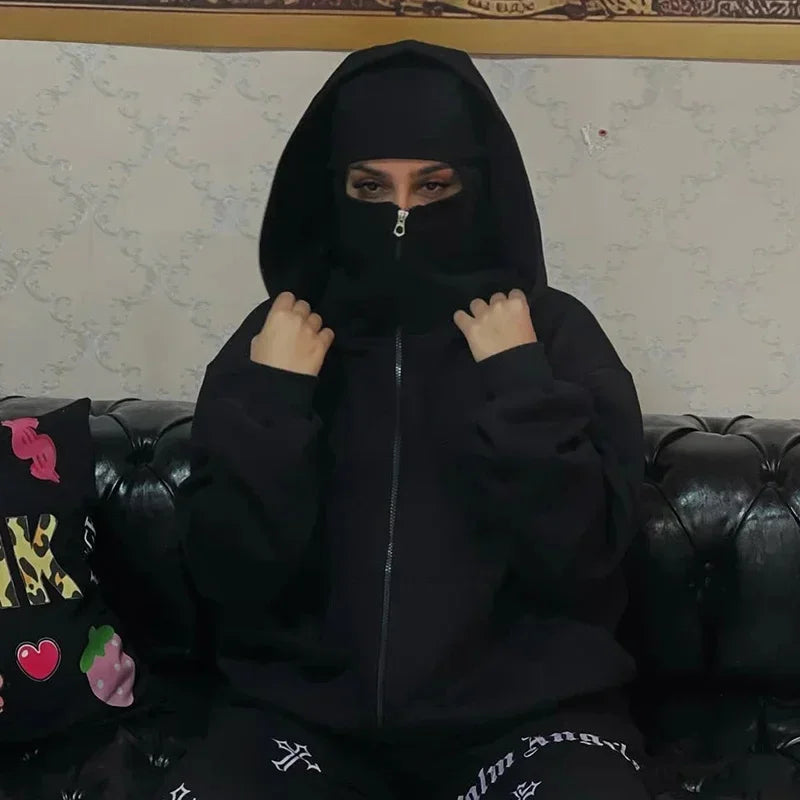 Men and women Balaclava Y2K Gothic Harajuku winter new item double hooded sweatshirt men's hooded mask zipper sportswear