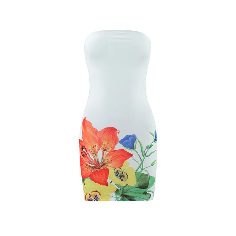 Sexy strapless floral print backless slim fit dress for women in summer 2025 comfortable and elegant beach vacation short skirt