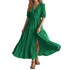 Women Button Drawstring Maxi Dresses Summer Lantern Sleeve Solid Color Boho Long Dresses Sexy A Line Tierred Large Swing Dress
