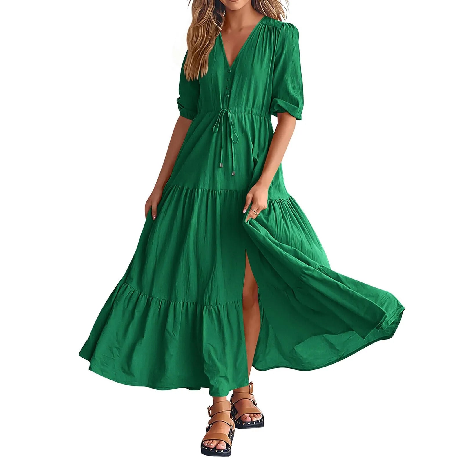 Women Button Drawstring Maxi Dresses Summer Lantern Sleeve Solid Color Boho Long Dresses Sexy A Line Tierred Large Swing Dress