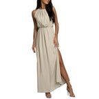 Women's Dressy Casual Long Dress Solid Color Sleeveless High Round Neck Side Slit Full-Length Dress Elegant Simple Party Dress