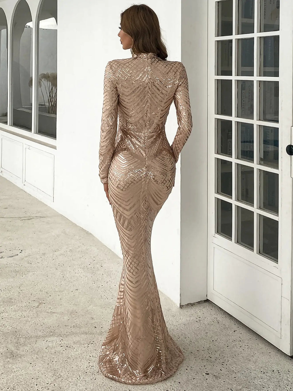 Champagne Sequin Mock Neck Mermaid Gown Long Sleeve Formal Evening Dress