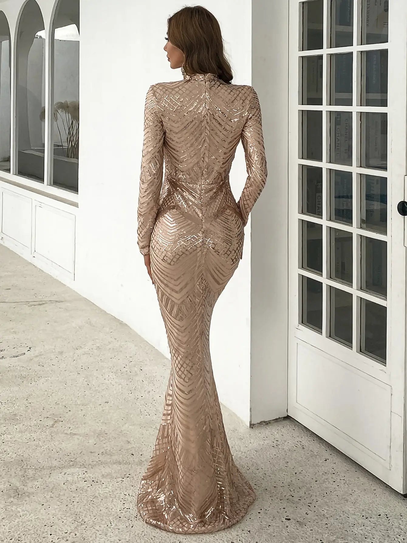 Champagne Sequin Mock Neck Mermaid Gown Long Sleeve Formal Evening Dress