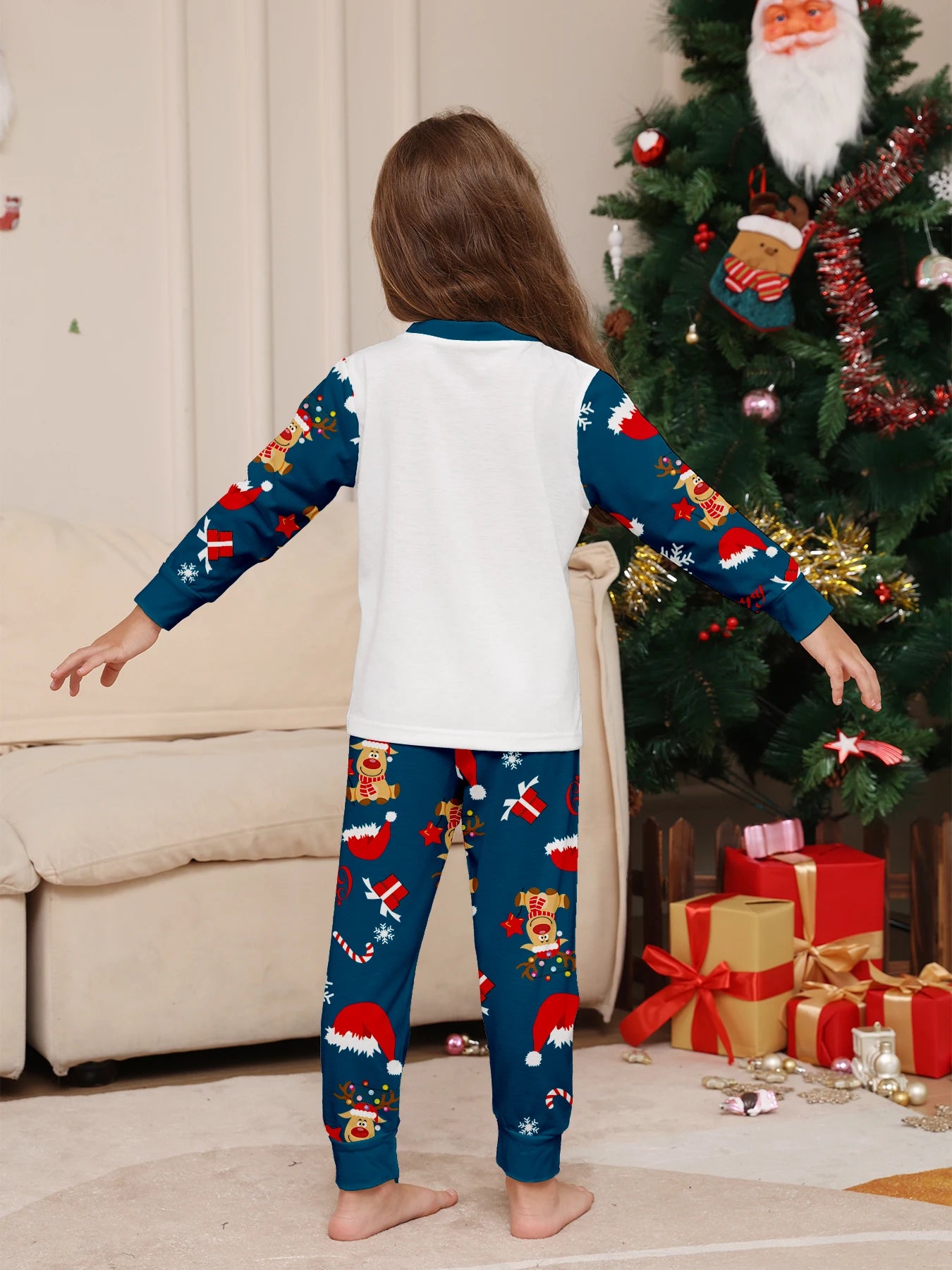 Christmas Family Pajamas: Matching White & Navy Set with Reindeer & Lights Prints