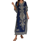 Bohemian V-Neck Short Sleeve Beach Smock Dress Women Summer Autumn Loose Casual Sunscreen Print Boho Long Dresses For Women
