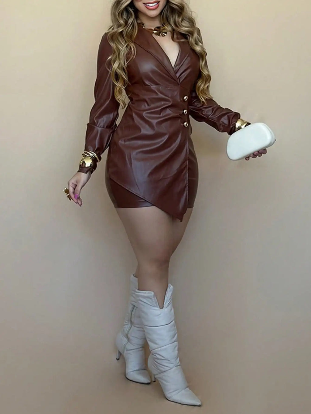 Women's PU Leather Bodycon Mini Dress with Long Sleeve Notched Collar and Metal Buttons for Casual Party