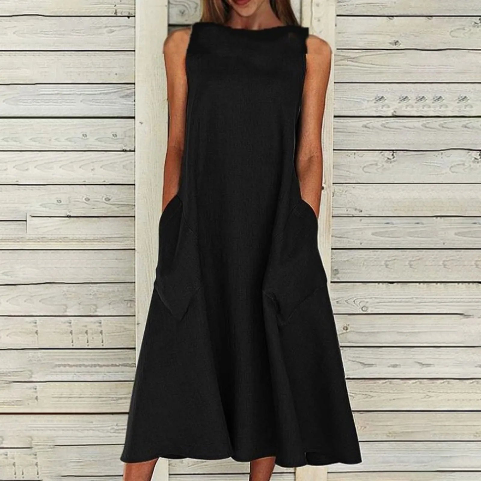Women'S Loose Dress Cotton Linen Solid Color Summer New Maxi Dress Sleeveless Round Neck With Pocket Casual Daily Long Dress