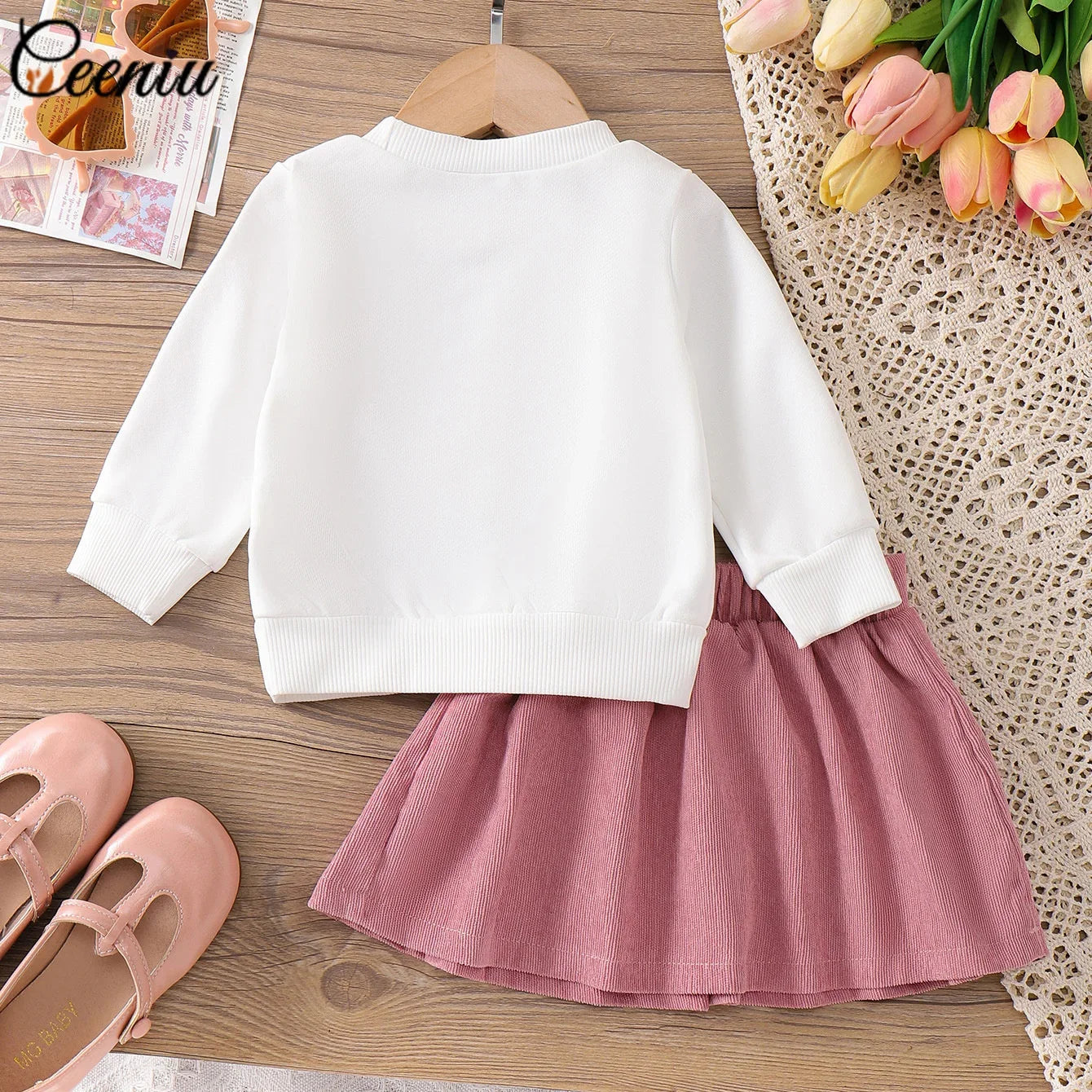Baby Girl Outfit 0-3Y Pink Heart & Rose 3pcs Set High Neck Top Bow Skirt Hat Toddler Clothing Ensemble for Girls