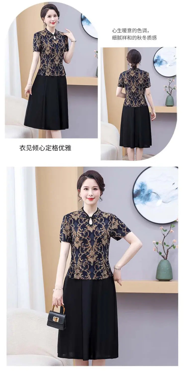 Mom's Summer New Style Cheongsam Elegant and Slimming Middle-aged Women's Wear Fake Two-piece Dress