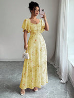 Pink Butterfly Print Chiffon Maxi Dress with Ruched Bodice and Batwing Sleeves for Summer