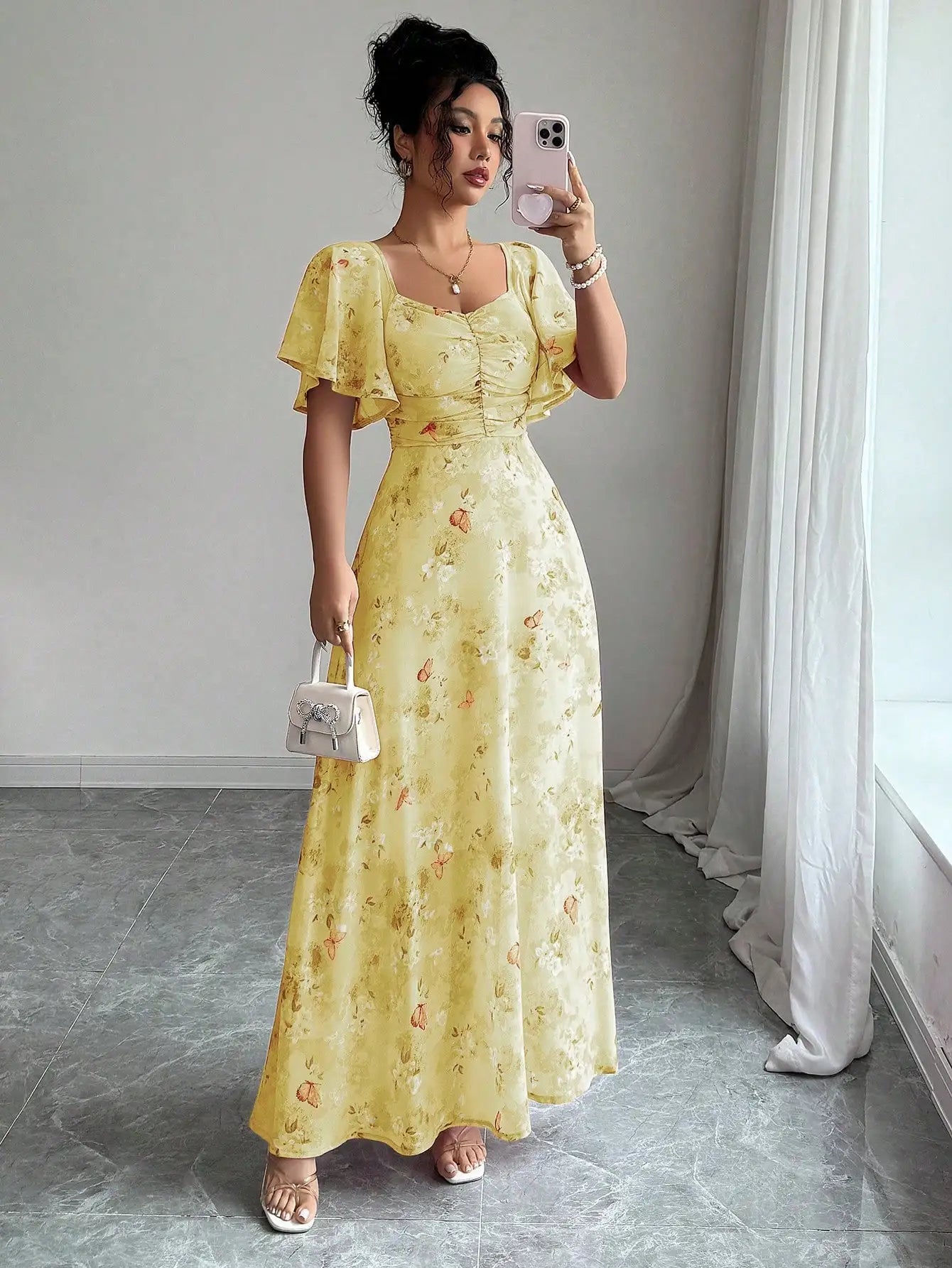 Pink Butterfly Print Chiffon Maxi Dress with Ruched Bodice and Batwing Sleeves for Summer