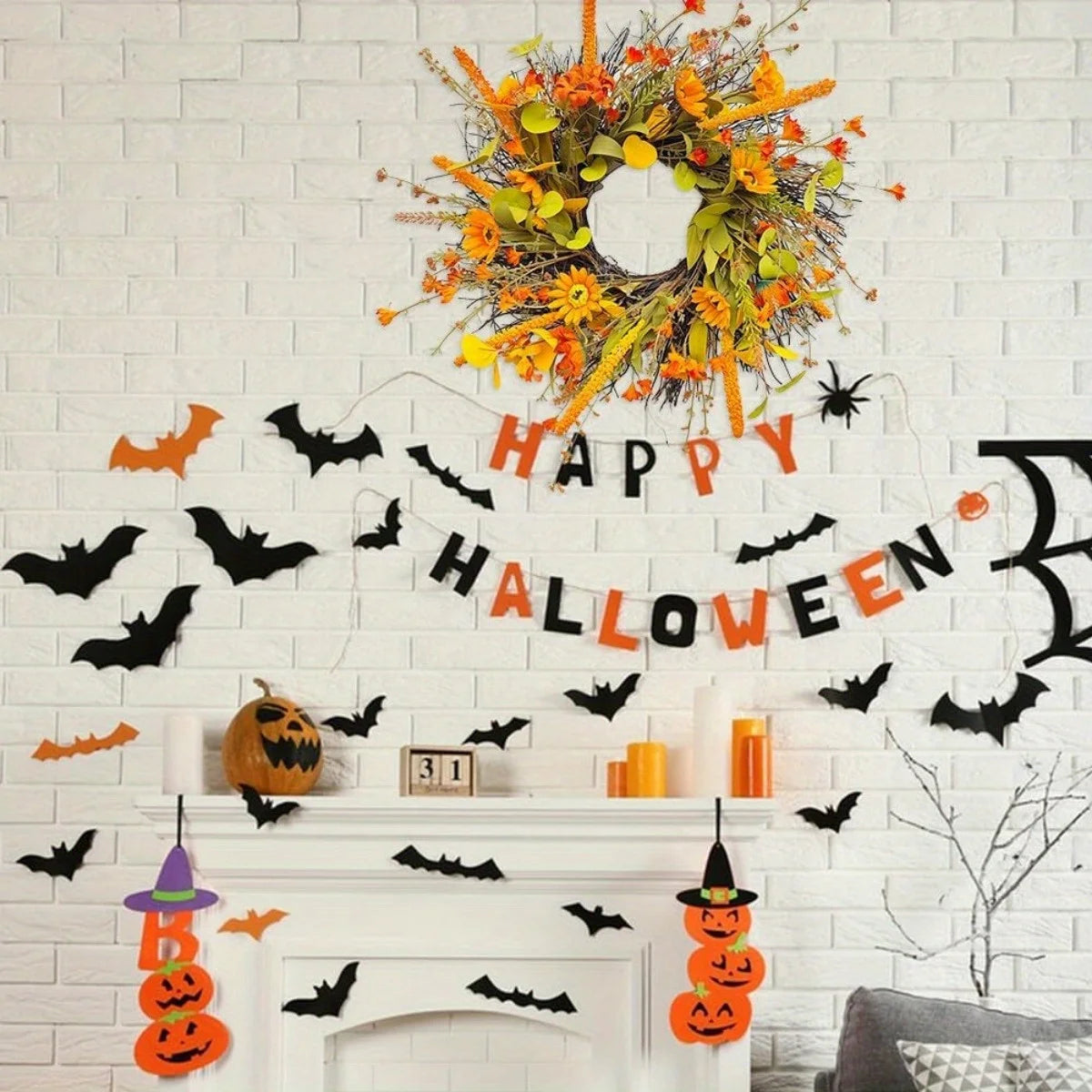 17.7" Fall Wreath for Front Door Orange Farmhouse Harvest Sunflower Wreath with Daisy Flowers Thanksgiving Wreath for Front Door