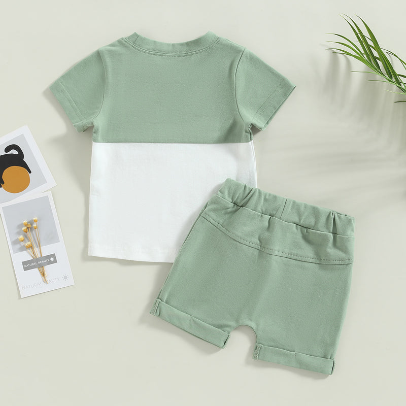 2023-02-01 Lioraitiin 0-3Years Toddler Boys 2Pcs Summer Outfit Sets Short Sleeve Contrast Color Tops Solid Drawstring Shorts