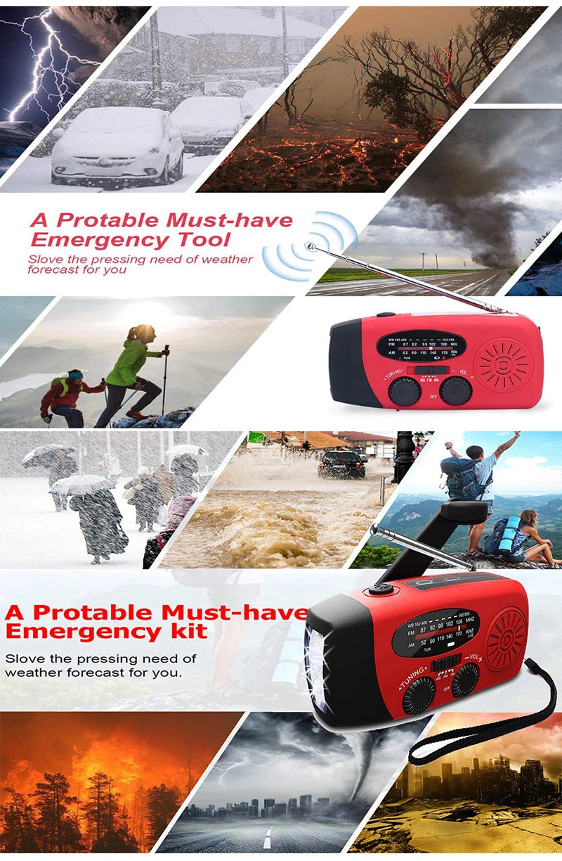 Multifunctional AM/FM/NOAA Portable Weather Radio Emergency Hand Crank Radio Power Bank Solar Charging with LED Flashlight