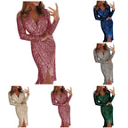 Top Selling  Dresses For Women 2024 Plus Size Deep V Sequins Wrap Ruched Long Sleeve Nightclub Dress Vestidos Para Mujer