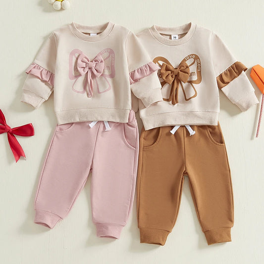 Baby Girls 2-Piece Outfit Long Sleeve Crew Neck Bow Sweatshirt with Elastic Waist Sweatpants Cotton Polyester Blend for Fall 0-3T