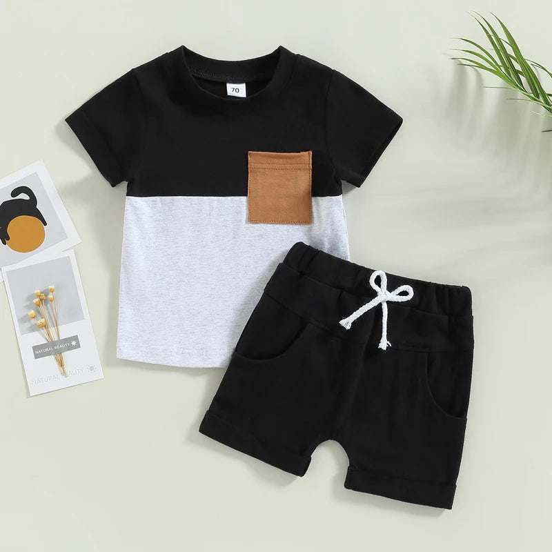 2023-02-01 Lioraitiin 0-3Years Toddler Boys 2Pcs Summer Outfit Sets Short Sleeve Contrast Color Tops Solid Drawstring Shorts