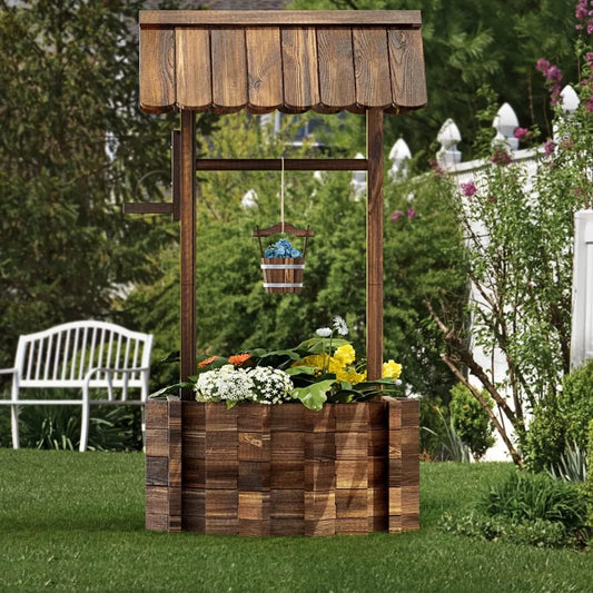 Aoxun Outdoor Wooden Wishing Well Planters with Hanging Bucket, Garden Helper, Rustic Garden Decor for Outside, Yard and Patio,