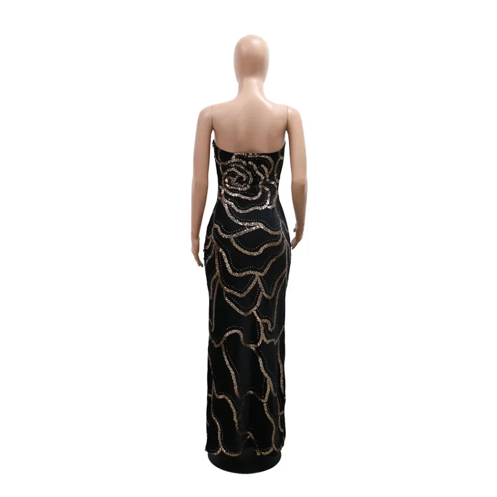 2024 Fall Floral Sequined Strapless Women Sleeveless Long Dress Sexy Birthday Party Evening Prom Maxi Dresses Vestidos