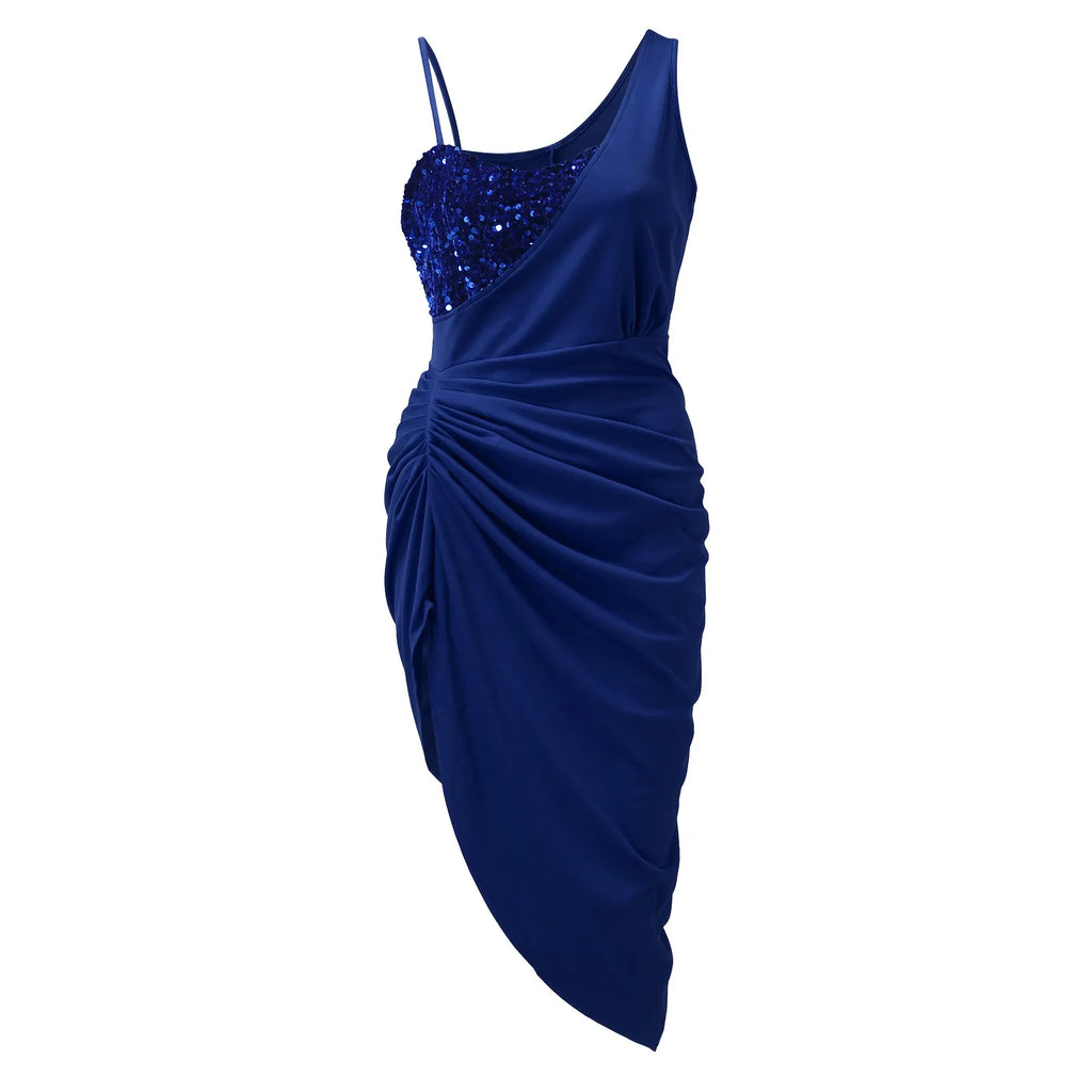 Women's Sexy Party Dresses Slit Maxi Smocked One Shoulder Shiny Sequin Patchwork Evening Dress Vestidos Elegant Formal Dresses