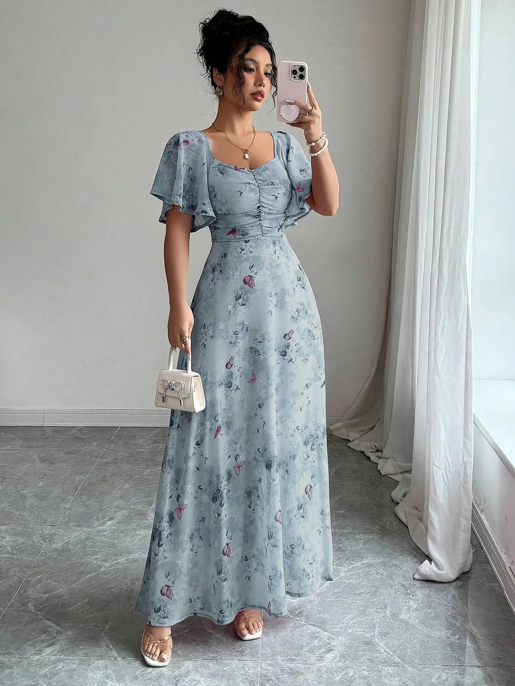 Pink Butterfly Print Chiffon Maxi Dress with Ruched Bodice and Batwing Sleeves for Summer