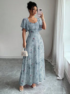 Pink Butterfly Print Chiffon Maxi Dress with Ruched Bodice and Batwing Sleeves for Summer