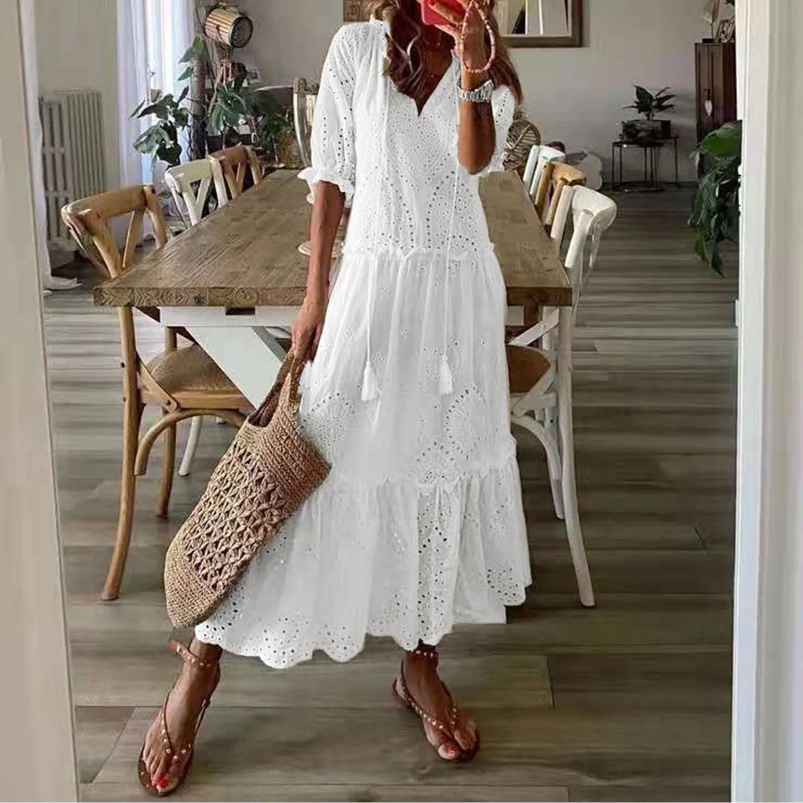 Summer Cotton Dress for Women Casual Hollow Crochet Bohemian Loose Beach Long Dress Ladies Holiday Ruffles Maxi Dress Vestidos
