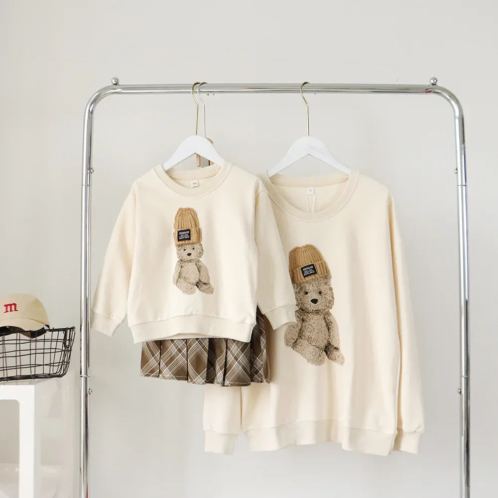 Family Matching Outfits Mom Dad and Son Sweatshirts Newbonr Bodysuit Mother Daughter Girl Same Tops and Plaid Skirts Clothes Set