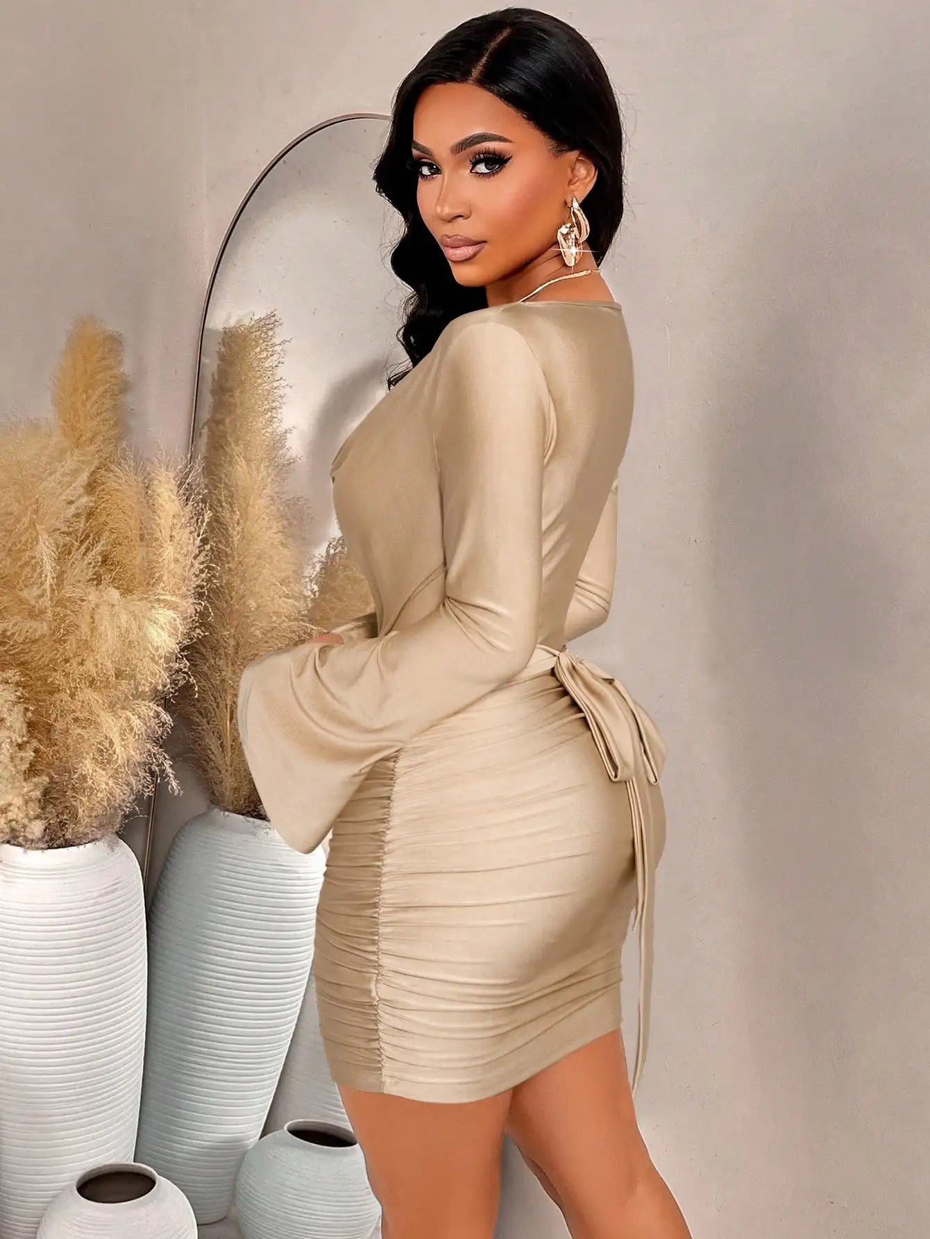 Sparkly Brown V-Neck Ruched Mini Dress with Flare Sleeves and Tie Waist