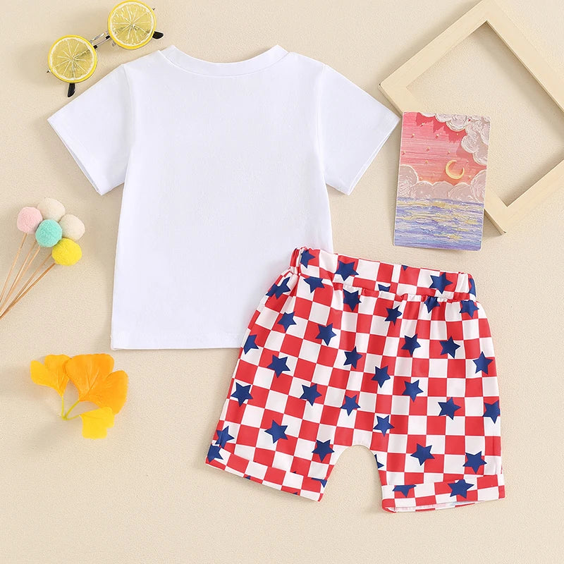 Pudcoco 4th of July Toddler Boy Outfits Fuzzy Letter Embroidery T-Shirt Stars Patrtern Checkerboard Shorts 2Pcs Clothes Set 0-3T
