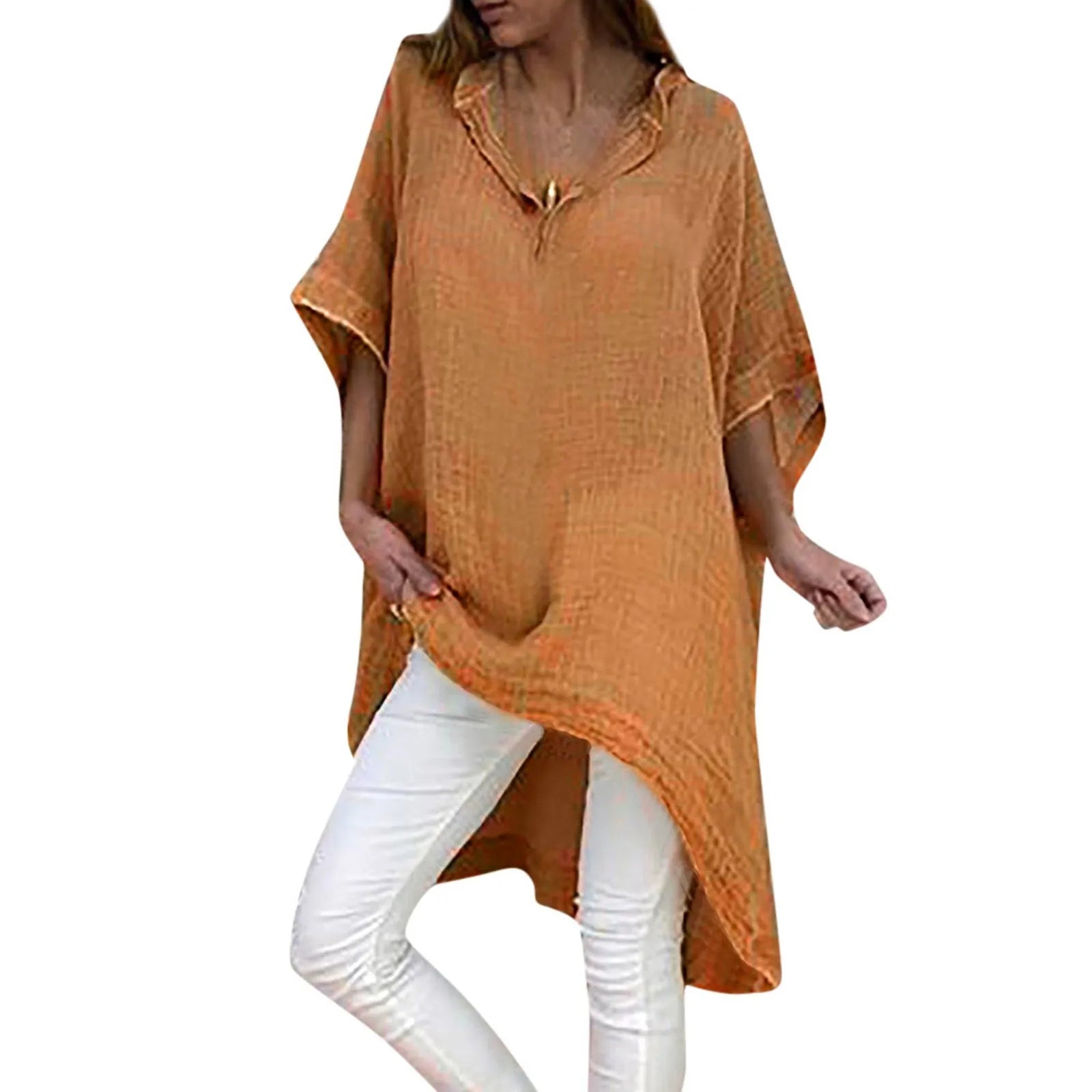 2025 New Casual Blusas Women Short Sleeve Cotton Linen Loose Blouse Vintage Oversized Shirt Elegant Irregular Long Tunic Tops