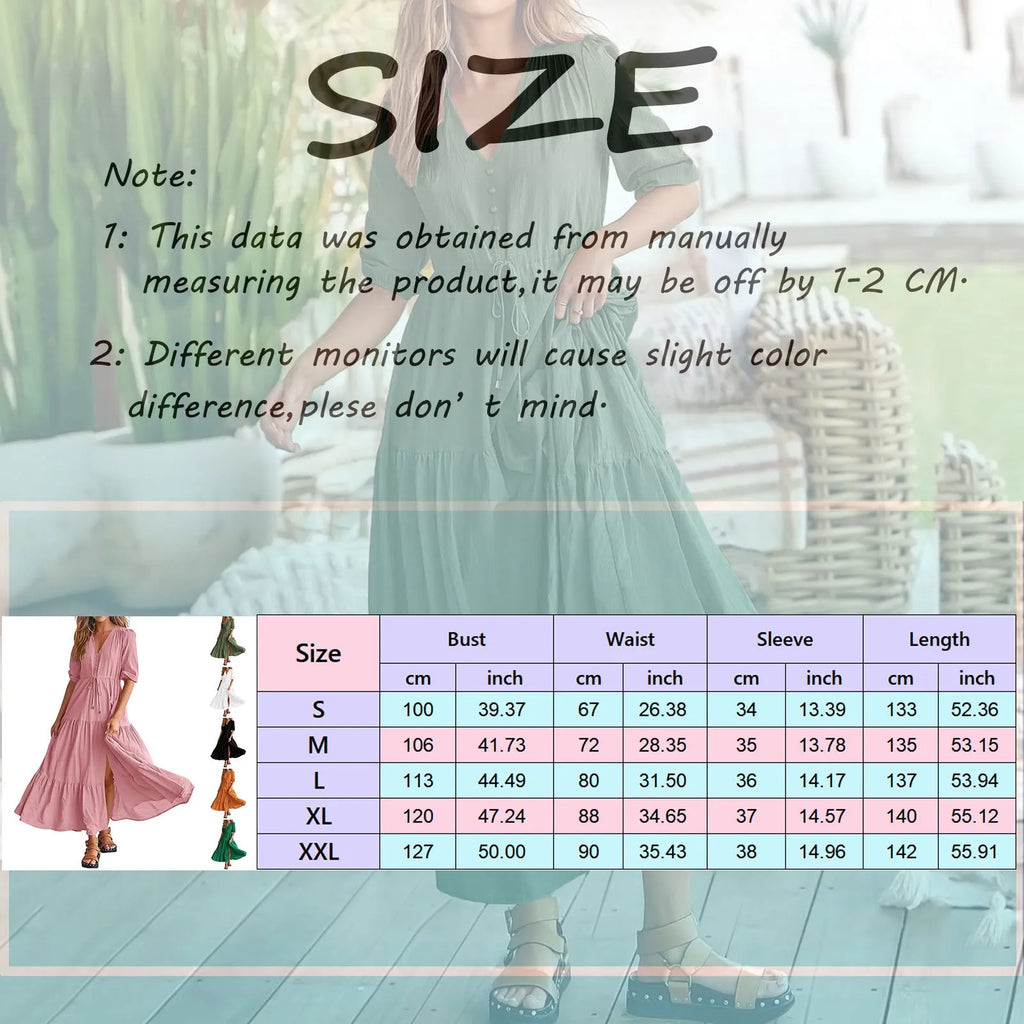 Women Button Drawstring Maxi Dresses Summer Lantern Sleeve Solid Color Boho Long Dresses Sexy A Line Tierred Large Swing Dress