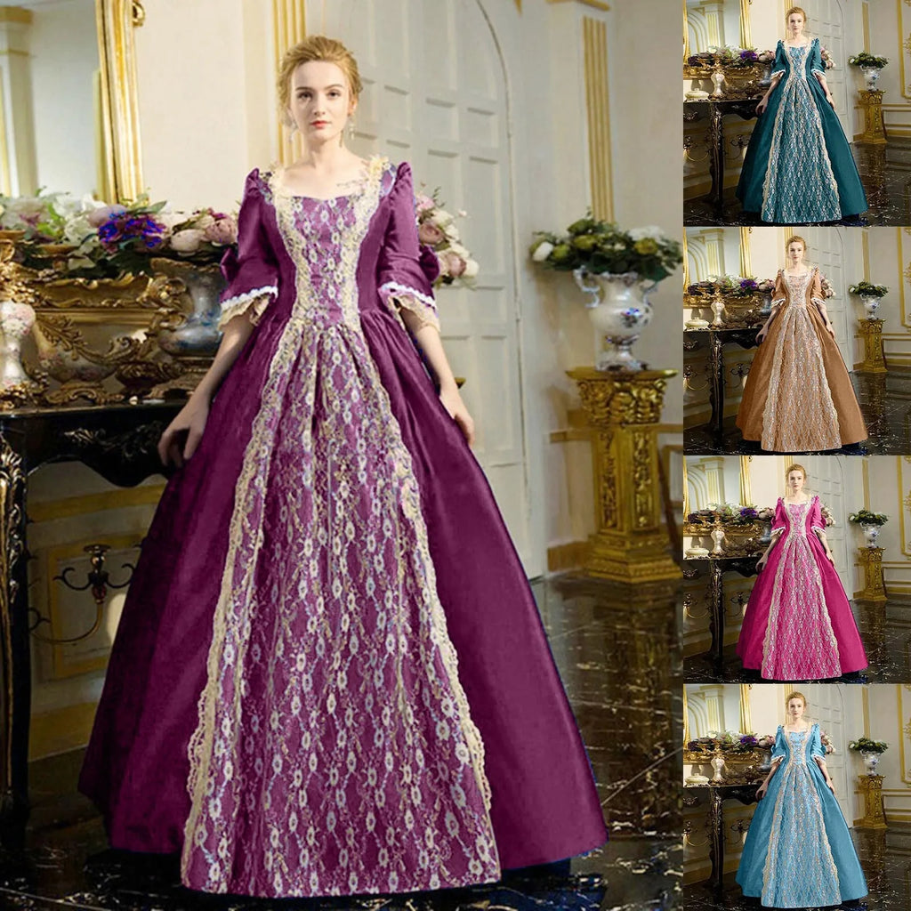 18th Century Medieval Dress Women High Waist Half Sleeve Ball Gown Princess Lace Patchwork Satin Dress Queen Renaissance Costume