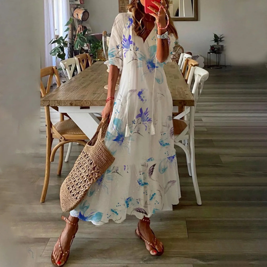 Women Dresses Casual Loose Comfortable Plus Size Dress With Tassels Bohemian Printed V Neck Long Length Woman Vestidosct