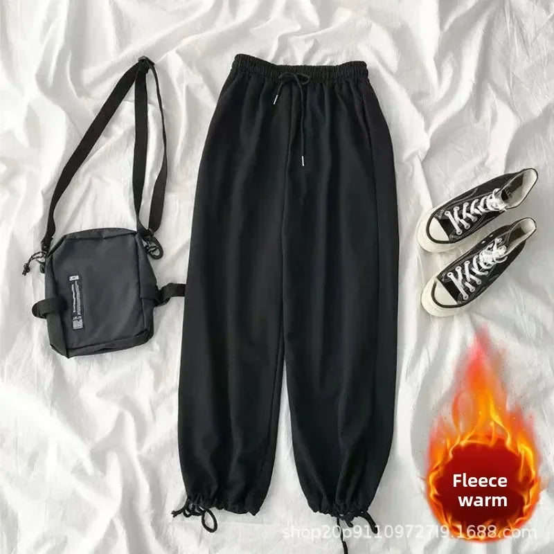 Thickened Fleece Black Sports Pants Pure Color Casual Trousers Autumn Winter New Style Slimming Harlan Pants for Women