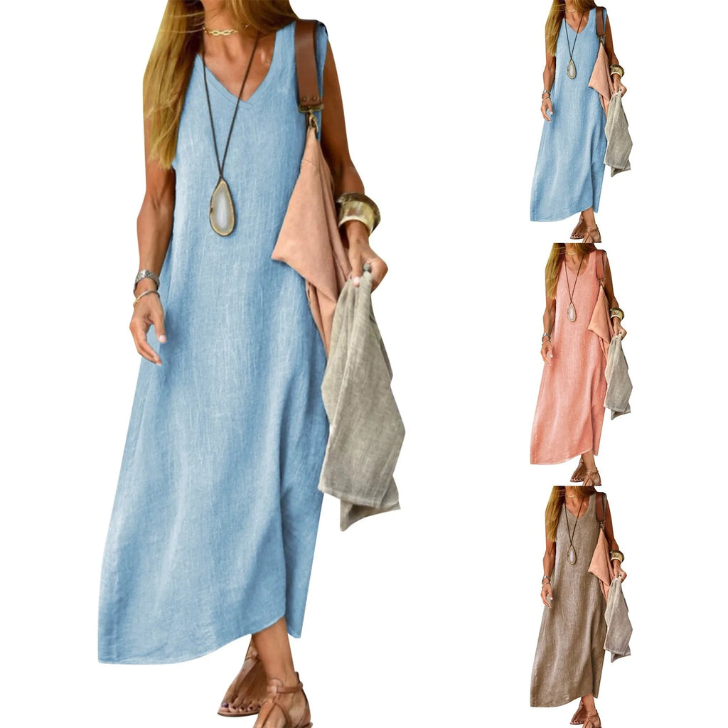 Women's Summer Dresses Cotton Linen Long Dress Sleeveless Loose Fit Robe Vestidos Solid Color Casual Sundress платье женское