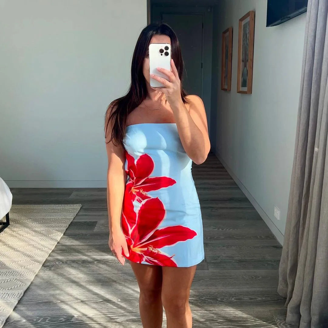 Sexy strapless floral print backless slim fit dress for women in summer 2025 comfortable and elegant beach vacation short skirt