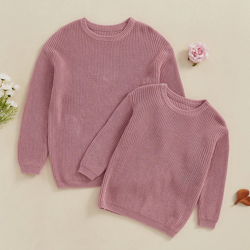 Suefunskry 1PC Mommy and Me Matching Sweaters Solid Color Knitted Long Sleeve Round Neck Warm Pullover Tops for Autumn Winter